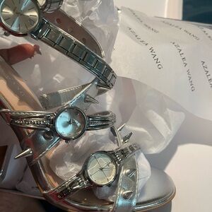 AKIRA AZALEA WANG ROBINSON SILVER WATCH SHOE STILETTO SANDAL Size 7.57.5